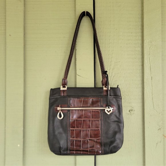 BRIGHTON Black Leather Brown Mock Croc Shoulder Bag - Picture 2 of 8